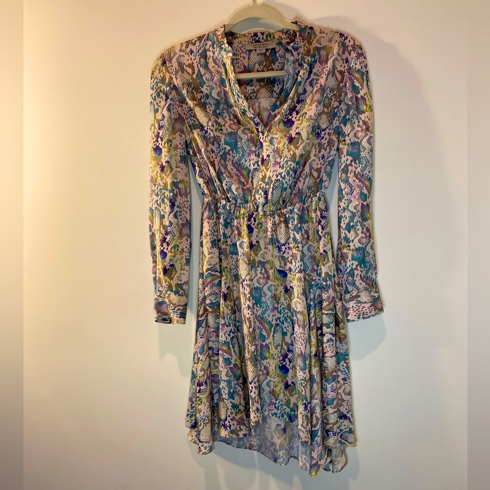 ALL SAINTS snakeskin pattern dress. Lilac, blush & blue hues.
